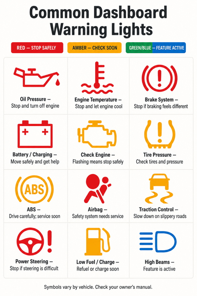 Chart showing common dashboard warning lights, including oil pressure, engine temperature, brakes, battery, check engine, tire pressure, ABS, airbags, traction control, power steering, low fuel, and high beams.